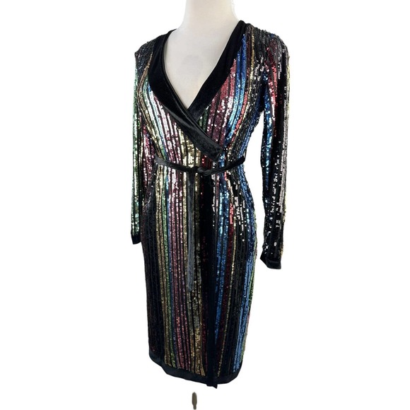 Lulu's Pretty Prismatic Rainbow Striped Sequin Midi Robe Dress TS Era's Style S - Picture 2 of 15